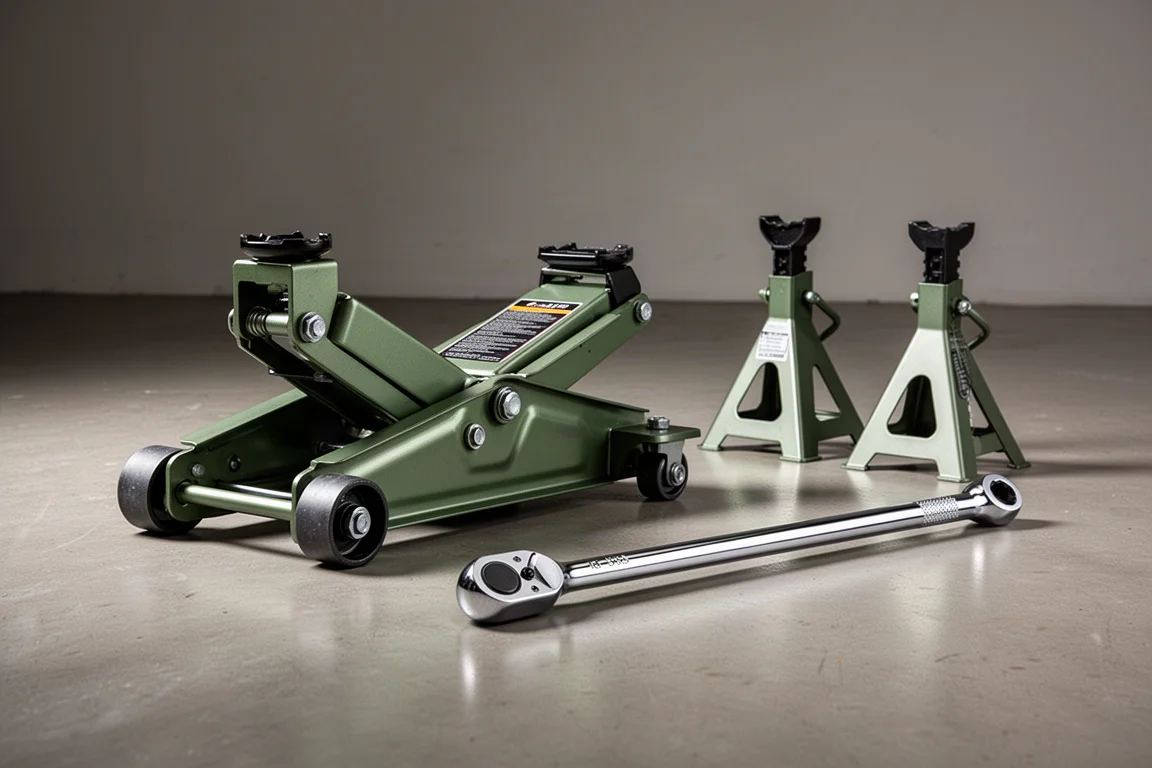 Low profile floor jack, flat top jack stands, and long ratchet arranged on a garage floor