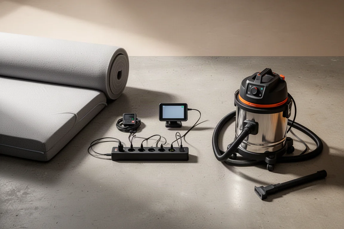 Flat-lay of mattress corner, inspection camera, charging hub, and compact wet/dry vacuum on concrete