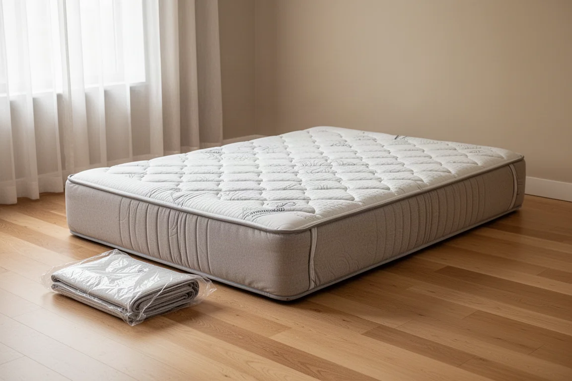 Materac bed-in-a-box rozwijający się na podłodze sypialni