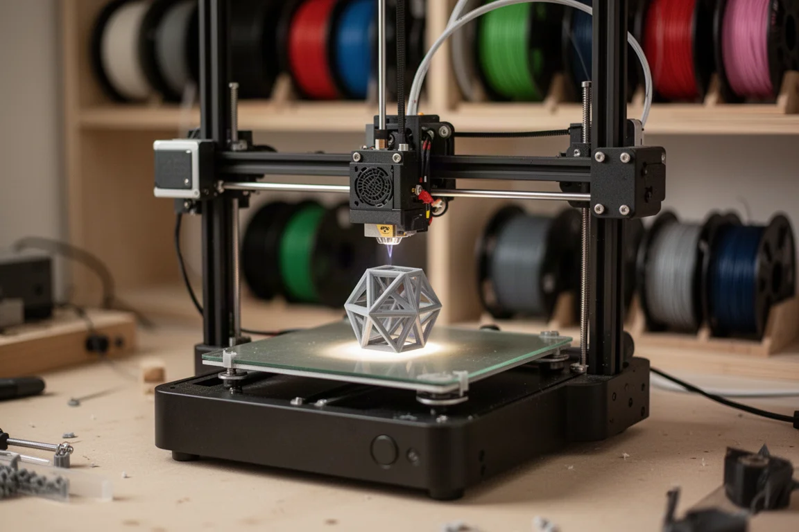 Stół drukarka 3D kończąca mały wydruk w świetle warsztatu