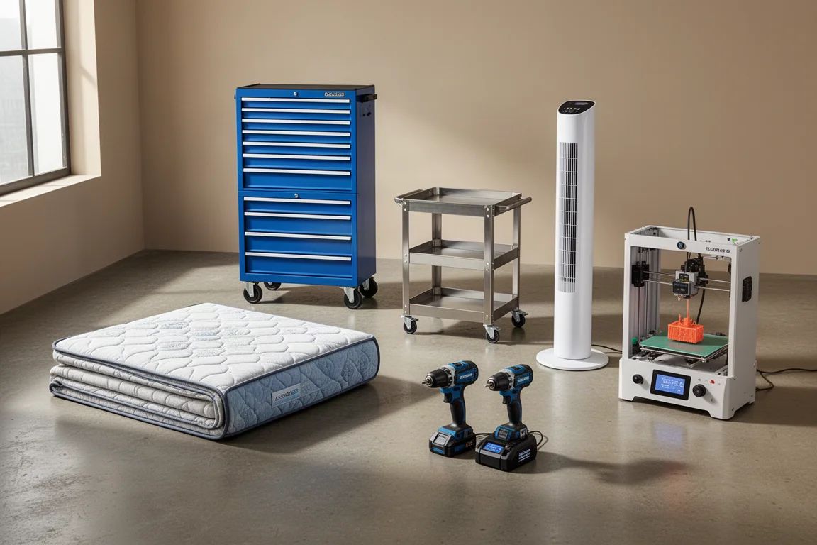 Flat-lay of a mattress, tool cabinet, tool cart, tower fan, cordless tools, and a 3D printer on a workshop floor