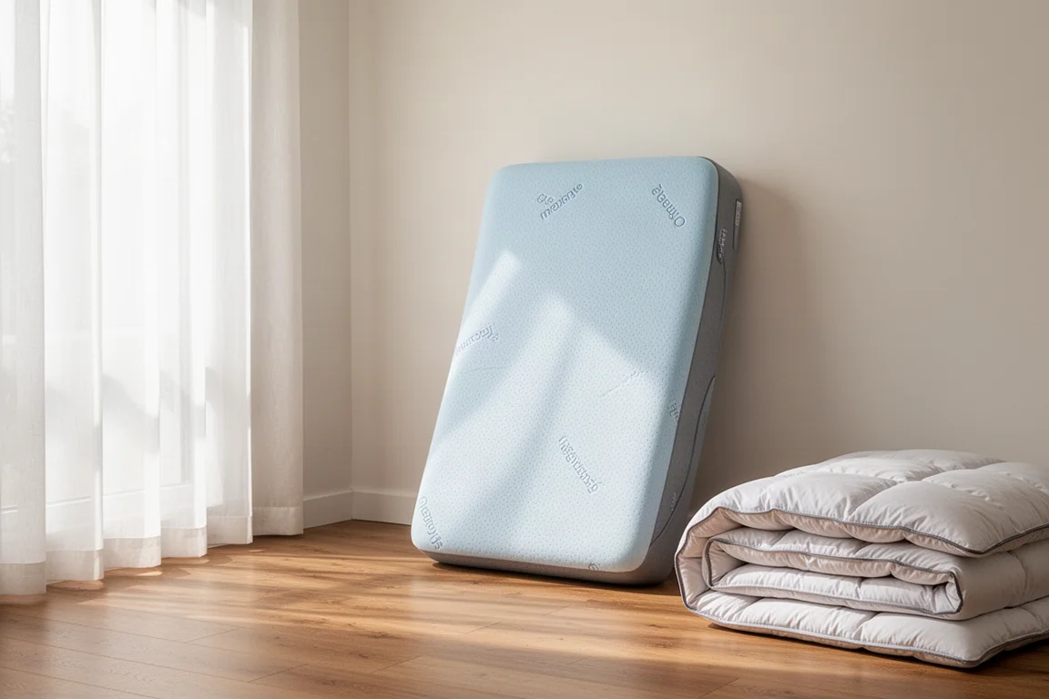 Gerollte Betten-in-einem-Karton-Matratze in einem hellen, modernen Schlafzimmer