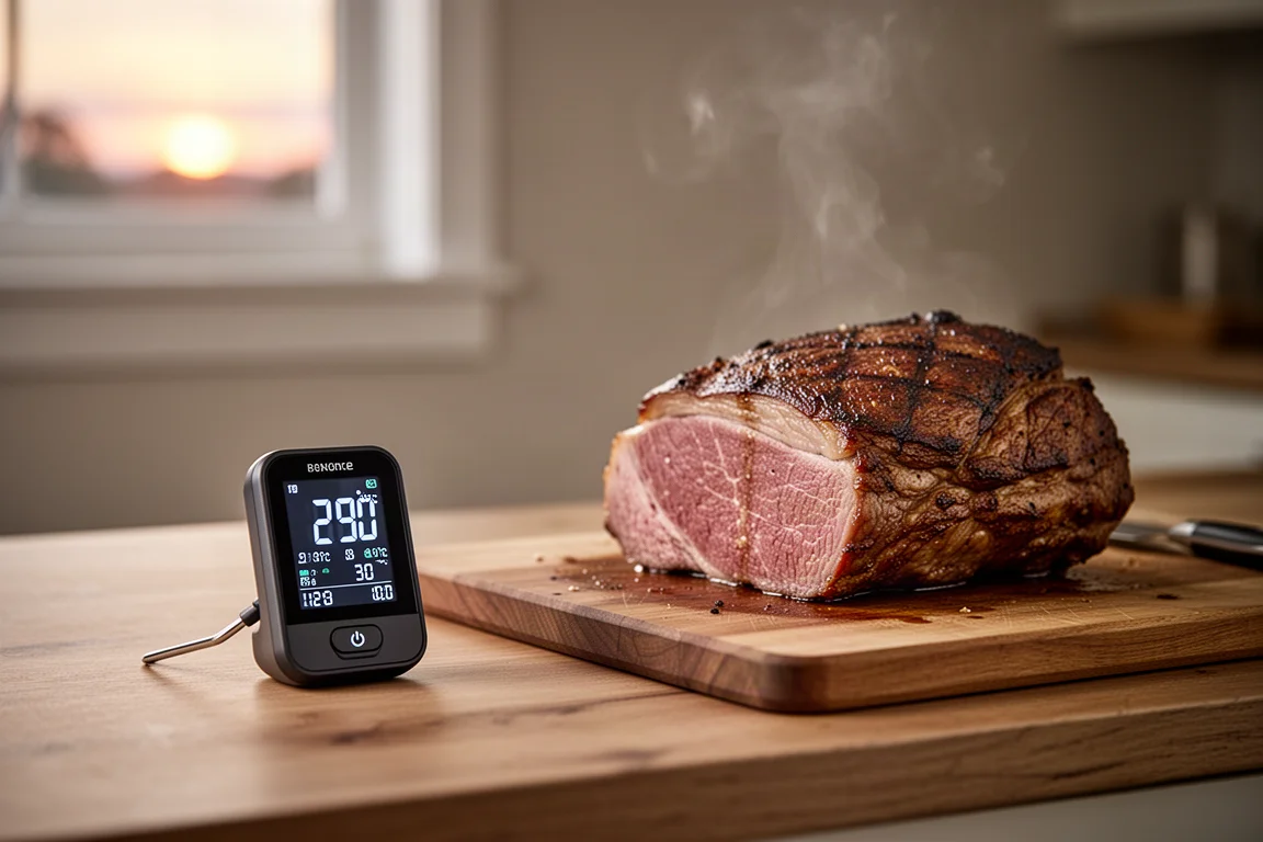 Basisstation eines kabellosen Fleischthermometers auf der Küchenanrichte neben einem Grill
