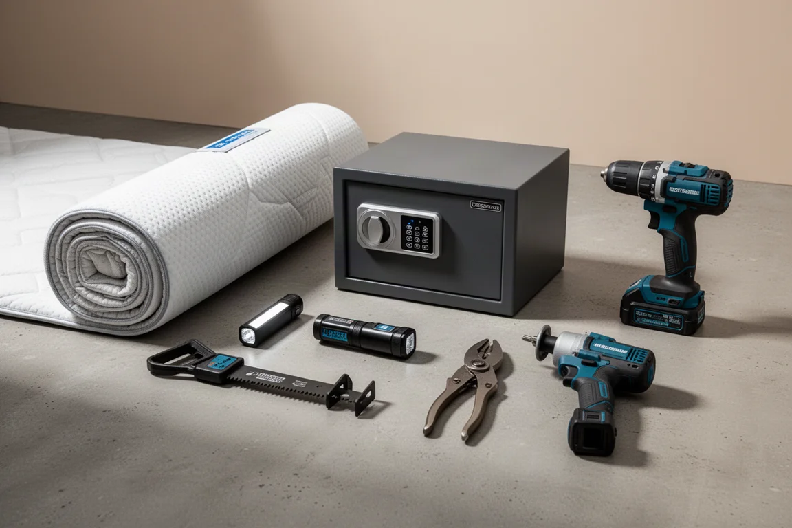 Assorted featured products including a mattress, safe, flashlight, and power tools arranged on a concrete surface
