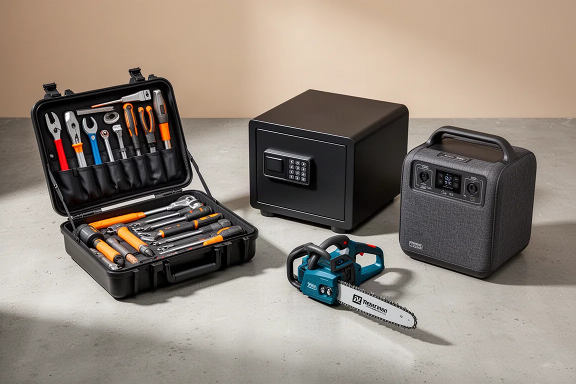 Flat-lay of hand tools, a compact safe, a mini chainsaw, and a portable power station on concrete
