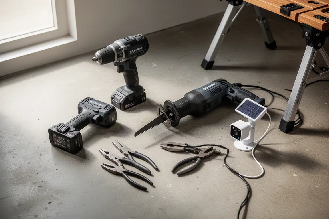 Cordless tools, pliers, and a small camera arranged on a concrete workshop floor