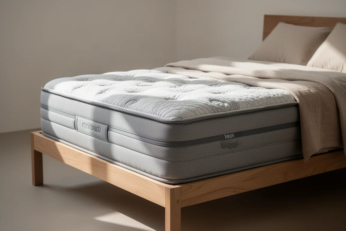 Layered hybrid mattress corner showing quilted cooling cover on a neutral backdrop