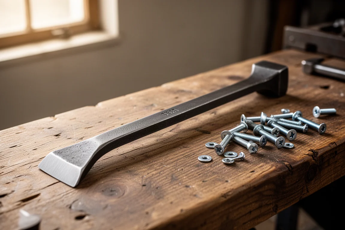 Steel pry bar resting against a workbench edge in a workshop setting