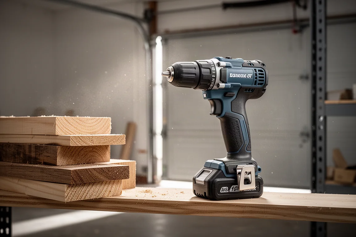 Compact cordless drill with battery pack on a garage shelf