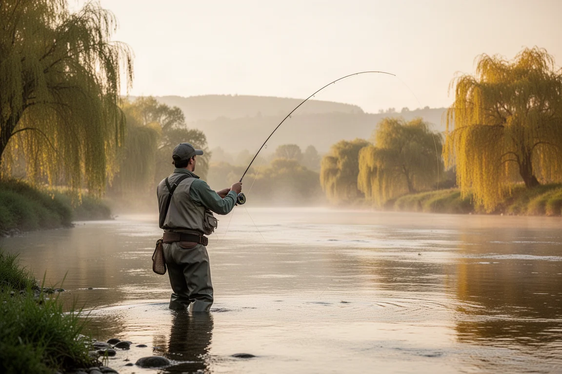 Fly fisherman casting a rod on a quiet river at golden hour