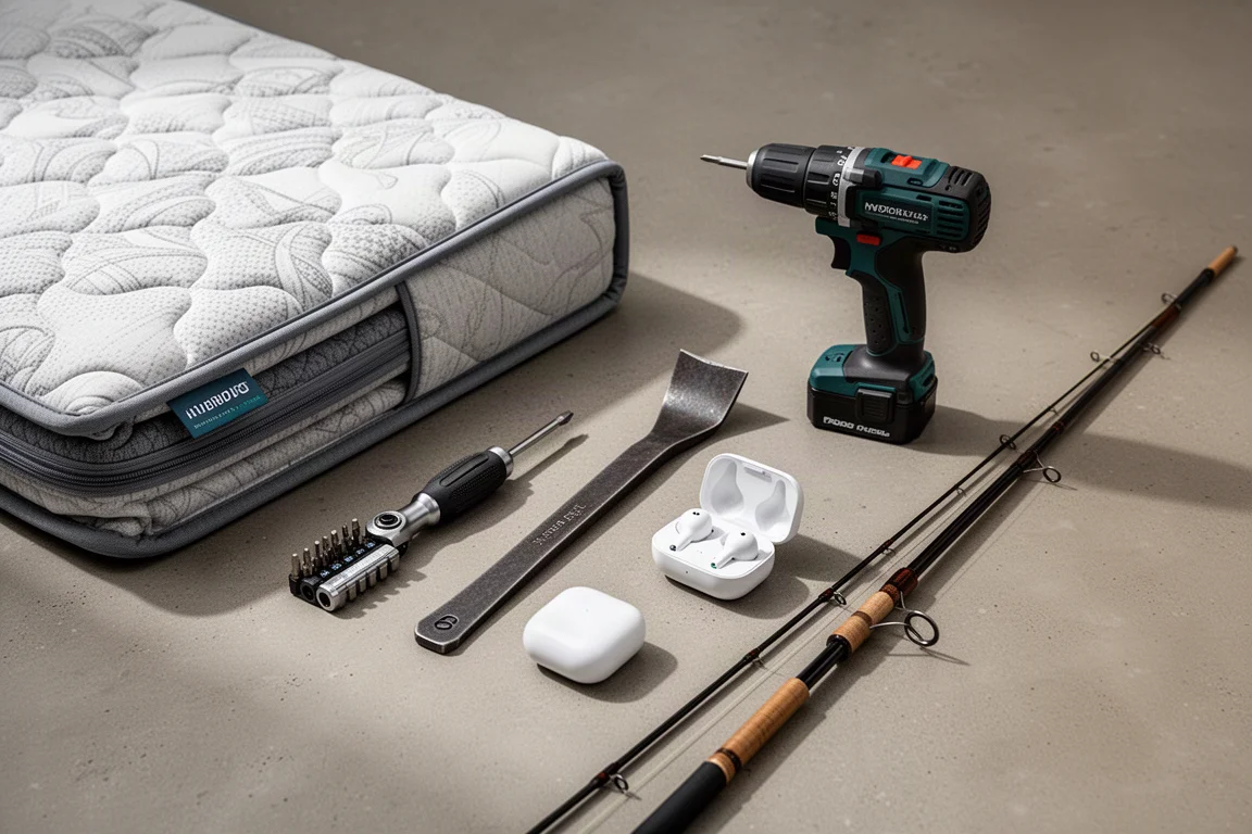 Flat-lay of mattress, screwdriver, pry bar, drill, earbuds, and fly rod on concrete