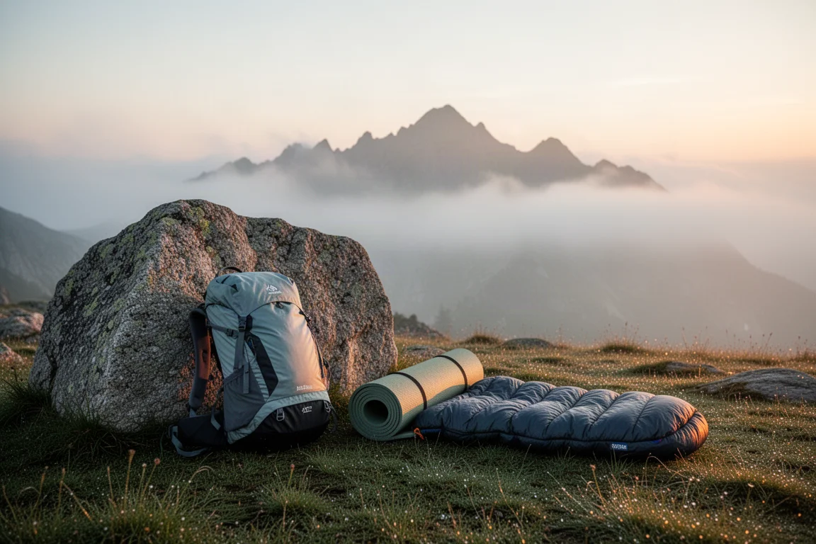 Dimmig alpincamping i soluppgång med en ryggsäck lutad mot en stenblock