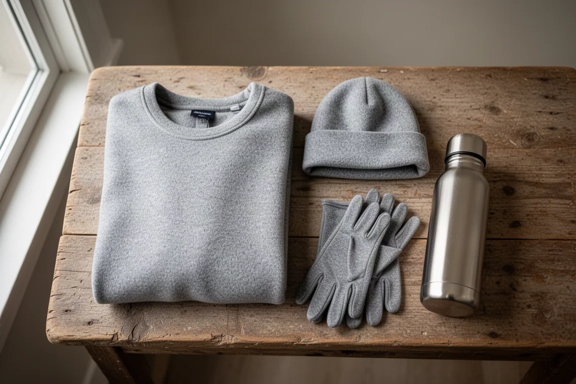 Uppifrån platt layout av fleece-tröja, mössa, handskar och termos på trä