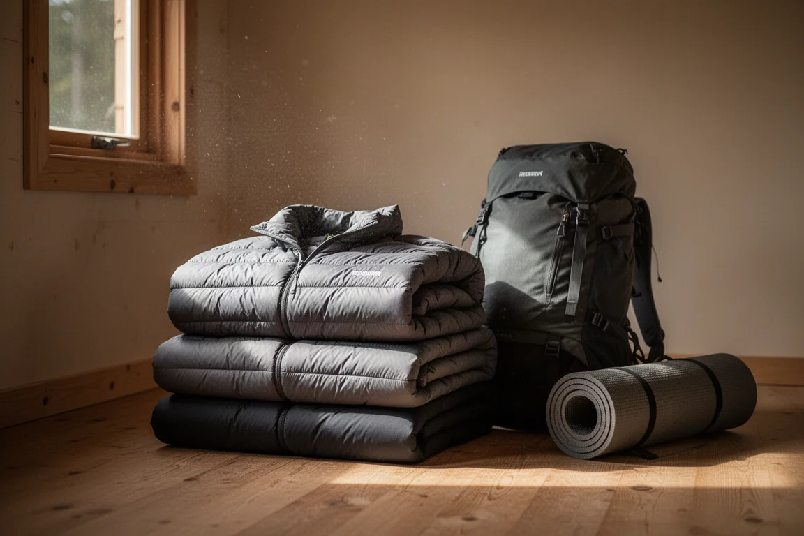 Tre ihopvikta dunjackor och en packad ryggsäck på ett stug-golv