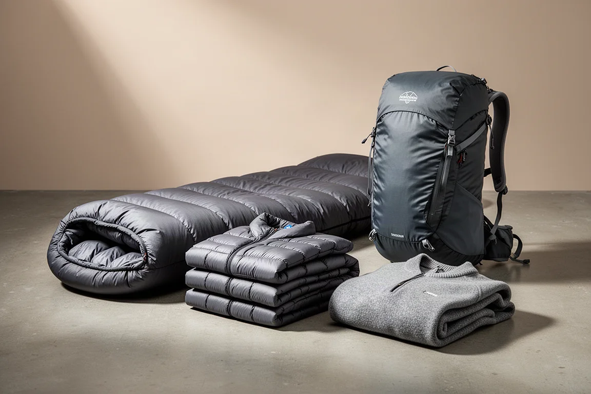 Saco de dormir de plumas, chaquetas de plumas plegadas, sudadera de forro polar y mochila ultraligera sobre hormigón