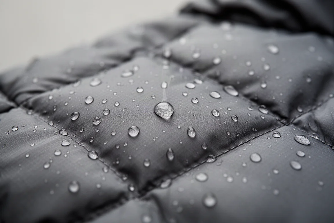 Vista macro de gotas de agua en la tela acolchada de una chaqueta sintética
