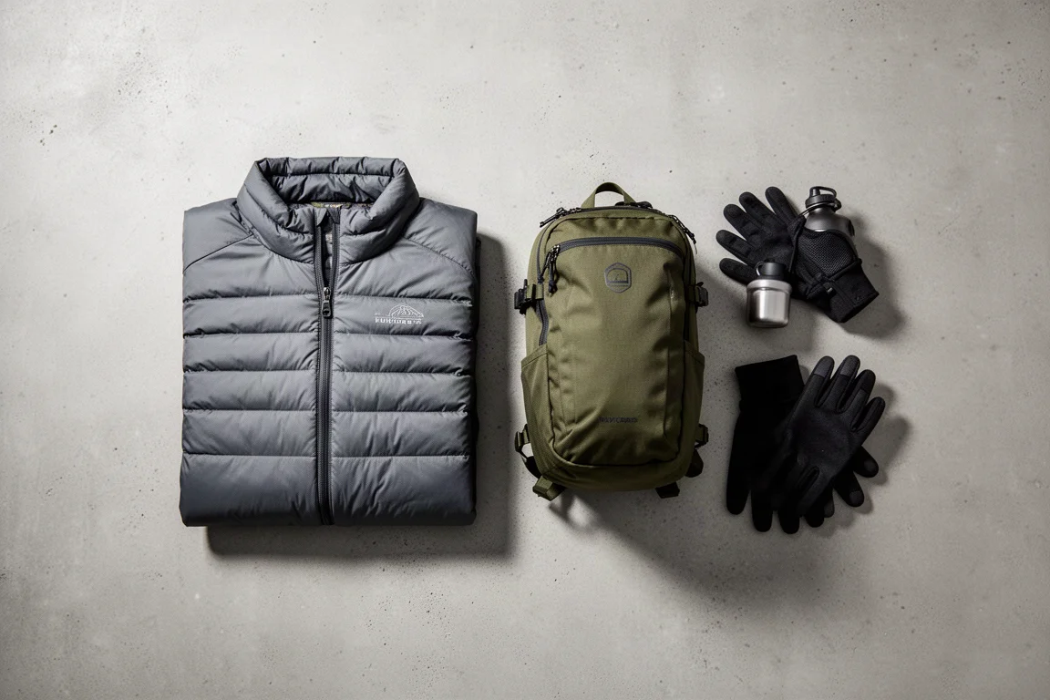 Vista superior de chaqueta aislante doblada, mochila de día, botella y guantes sobre hormigón