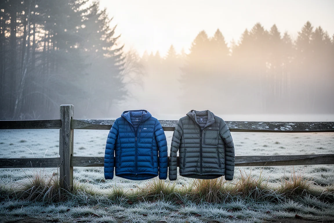 Dos chaquetas aislantes sobre un listón de madera en un inicio de sendero al amanecer con escarcha