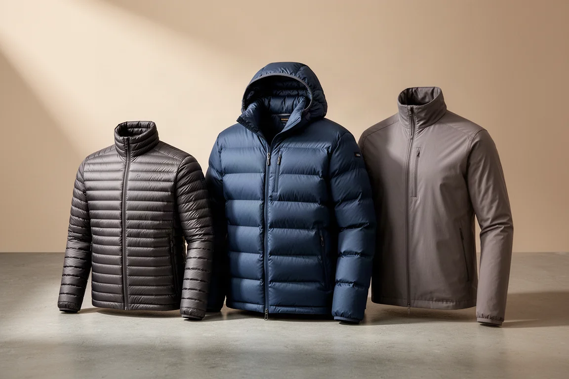 Three insulated jackets arranged side by side on a matte concrete surface in soft studio light