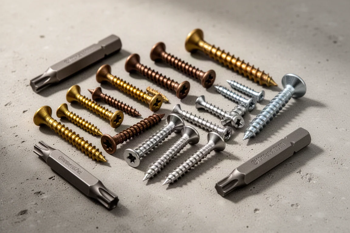Assorted deck screws in different finishes laid out beside driver bits on concrete