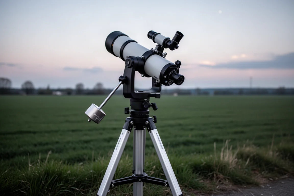 Startracker-Montierung in der Dämmerung mit Gegengewicht am Stativ ausbalanciert