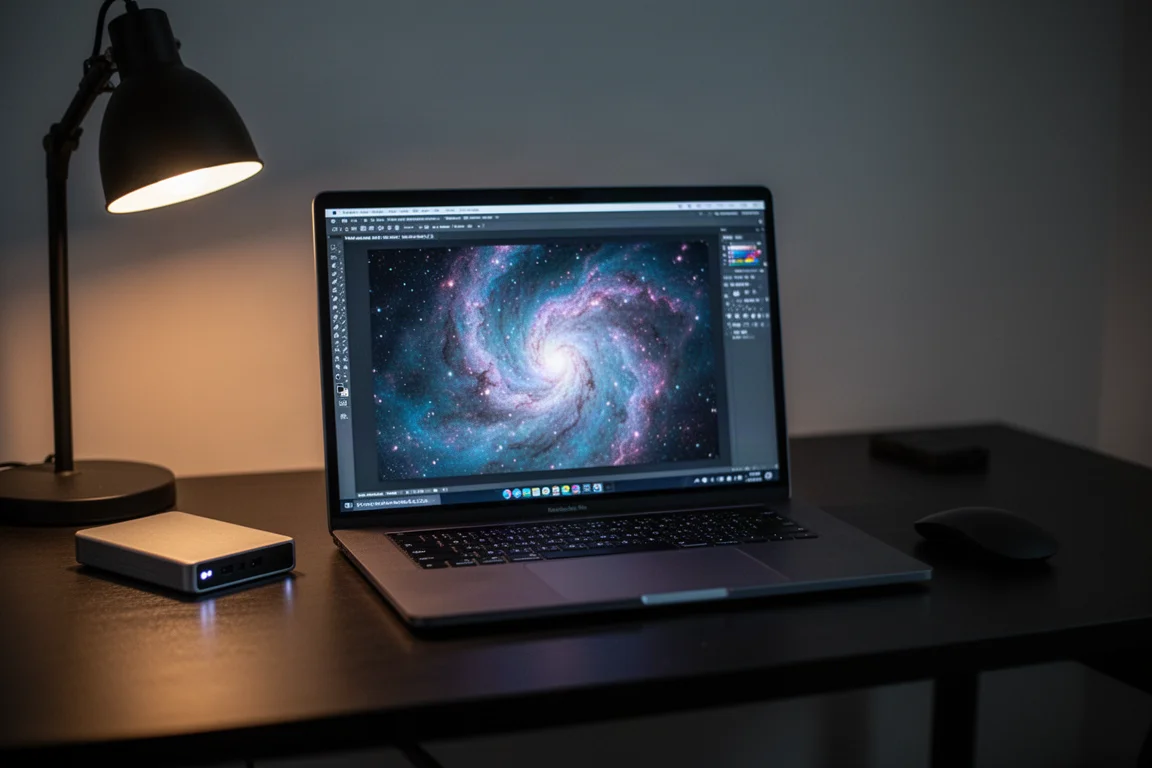 Laptop zeigt nächtlich am Schreibtisch den Workflow zur Astro-Bildbearbeitung
