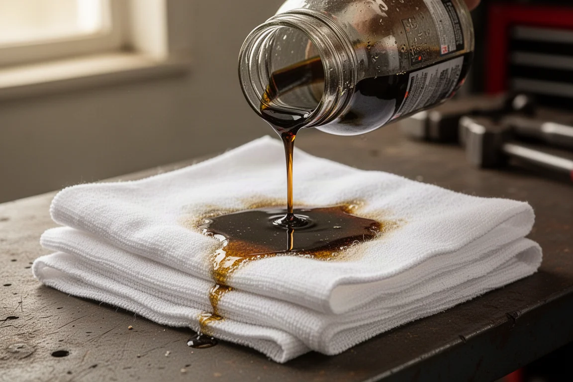 Aceite oscuro vertiéndose sobre una pila de paños de limpieza blancos