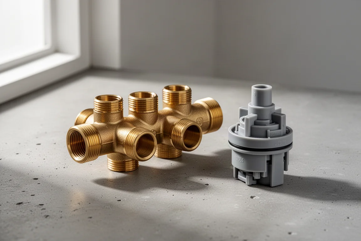 Brass shower valve body with cartridge on a concrete surface