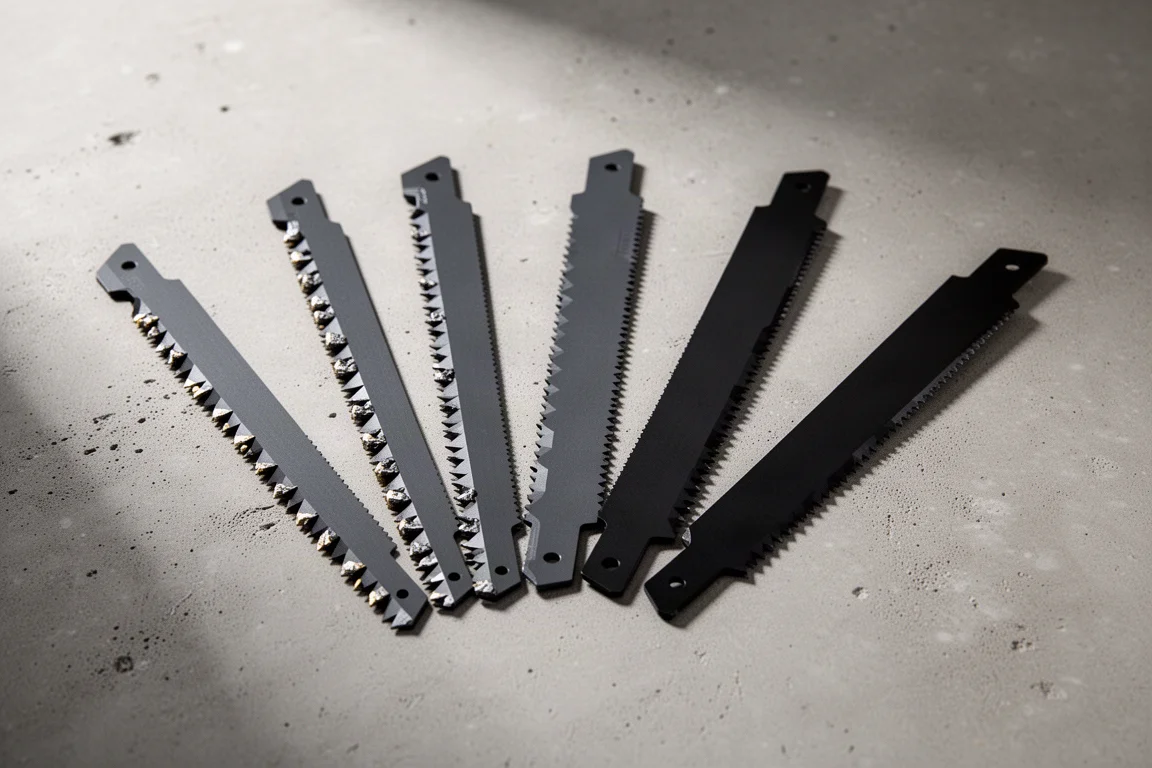 Seis hojas de sierra alternativa para demolicón extendidas sobre una superficie de hormigón