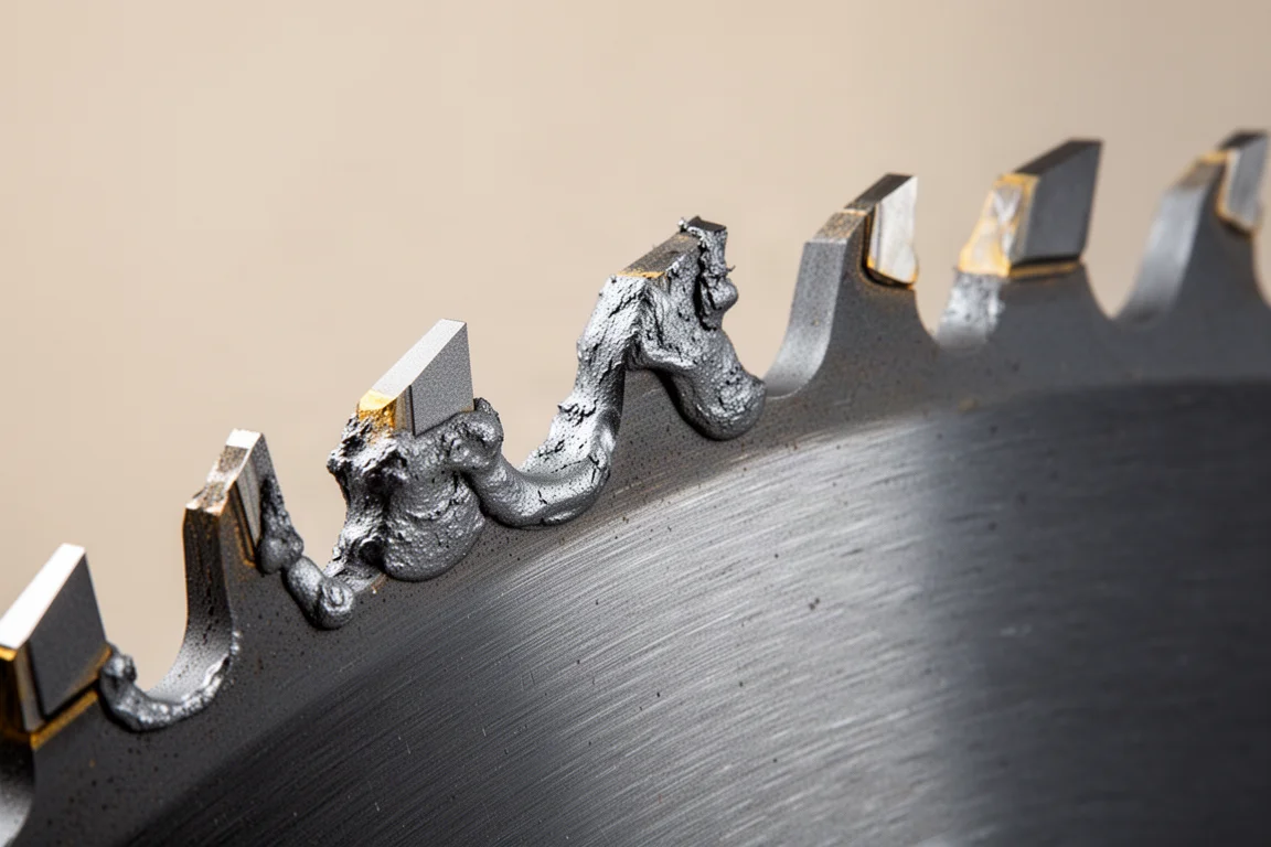 Primo piano dei denti in carburo della lama con detriti metallici saldati ai taglienti