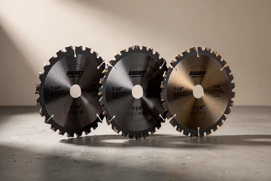 Three 7-1/4 inch demolition circular saw blades side by side on concrete
