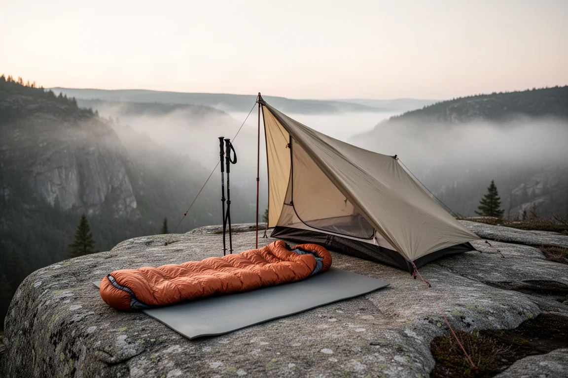 Minimal backcountry campsite at first light with quilt, sleeping pad and trekking pole shelter