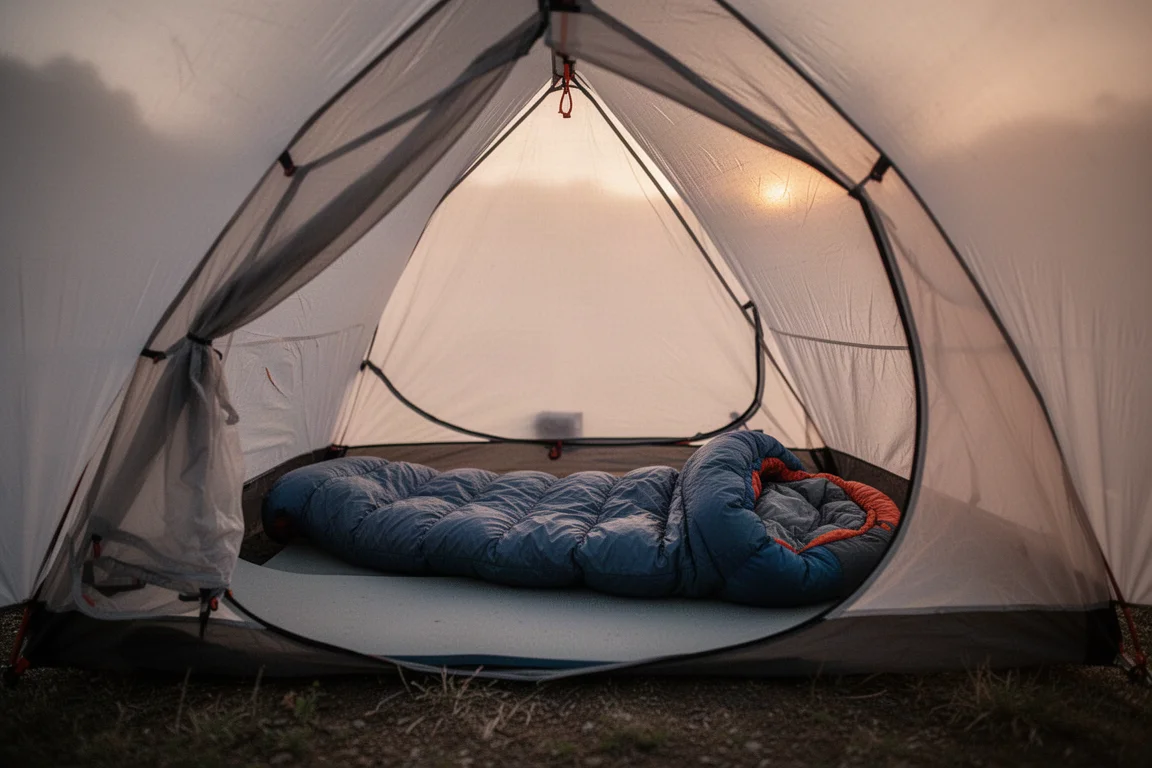 Interior of a small backpacking tent at dusk with quilt and sleeping pad arranged inside