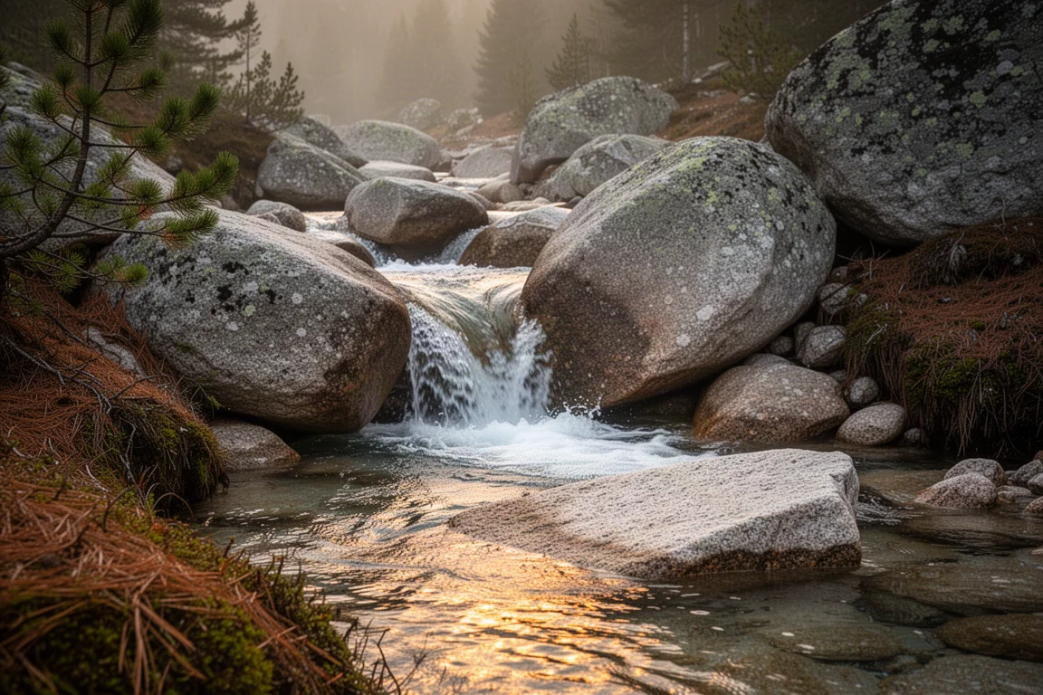 Rocky alpine stream flowing over granite boulders in late afternoon light