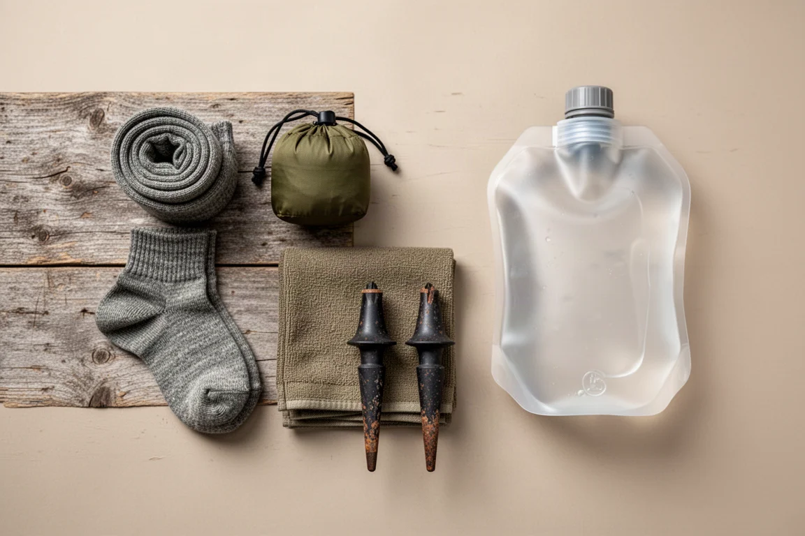 Overhead flat-lay of backpacking essentials arranged on weathered wood