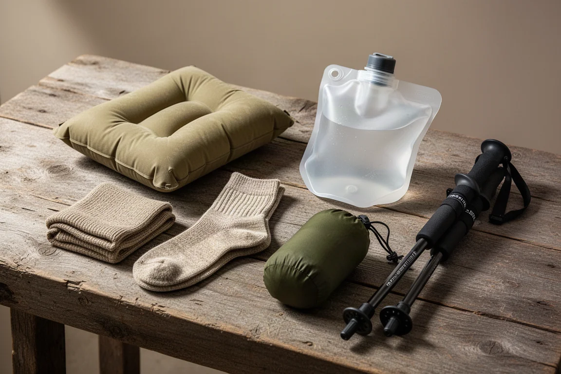 Básicos de mochilero dispuestos sobre madera desgastada, incluyendo almohada, calcetines, bolsa de agua y bastón de trekking