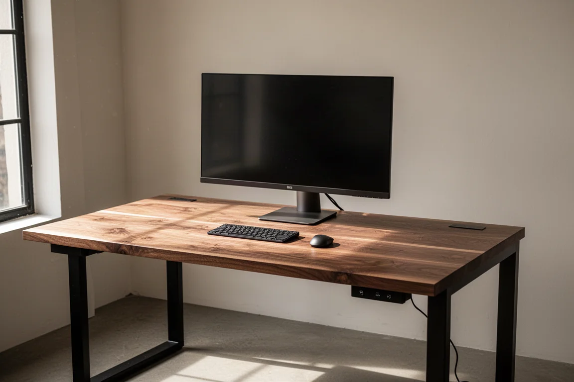 Scrivania in noce con un grande monitor in uno studio illuminato con luce soffusa
