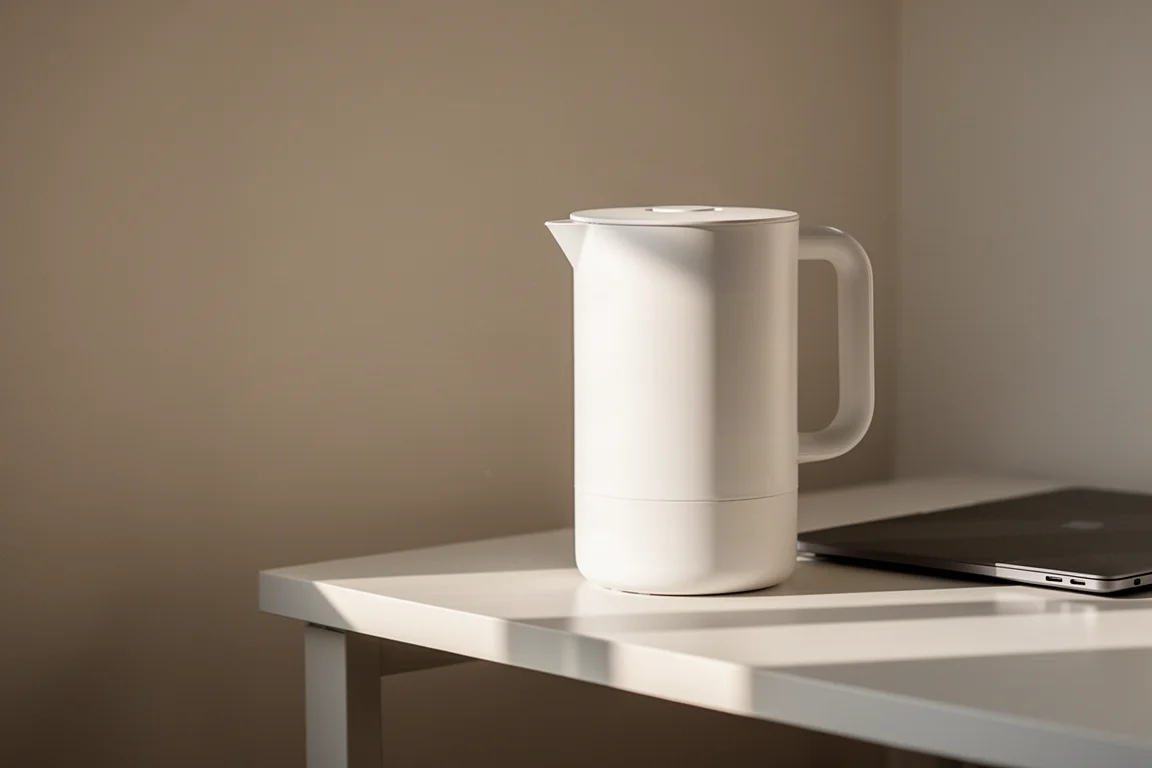 Caraffa d'acqua su una scrivania accanto a un laptop con luce naturale soffusa