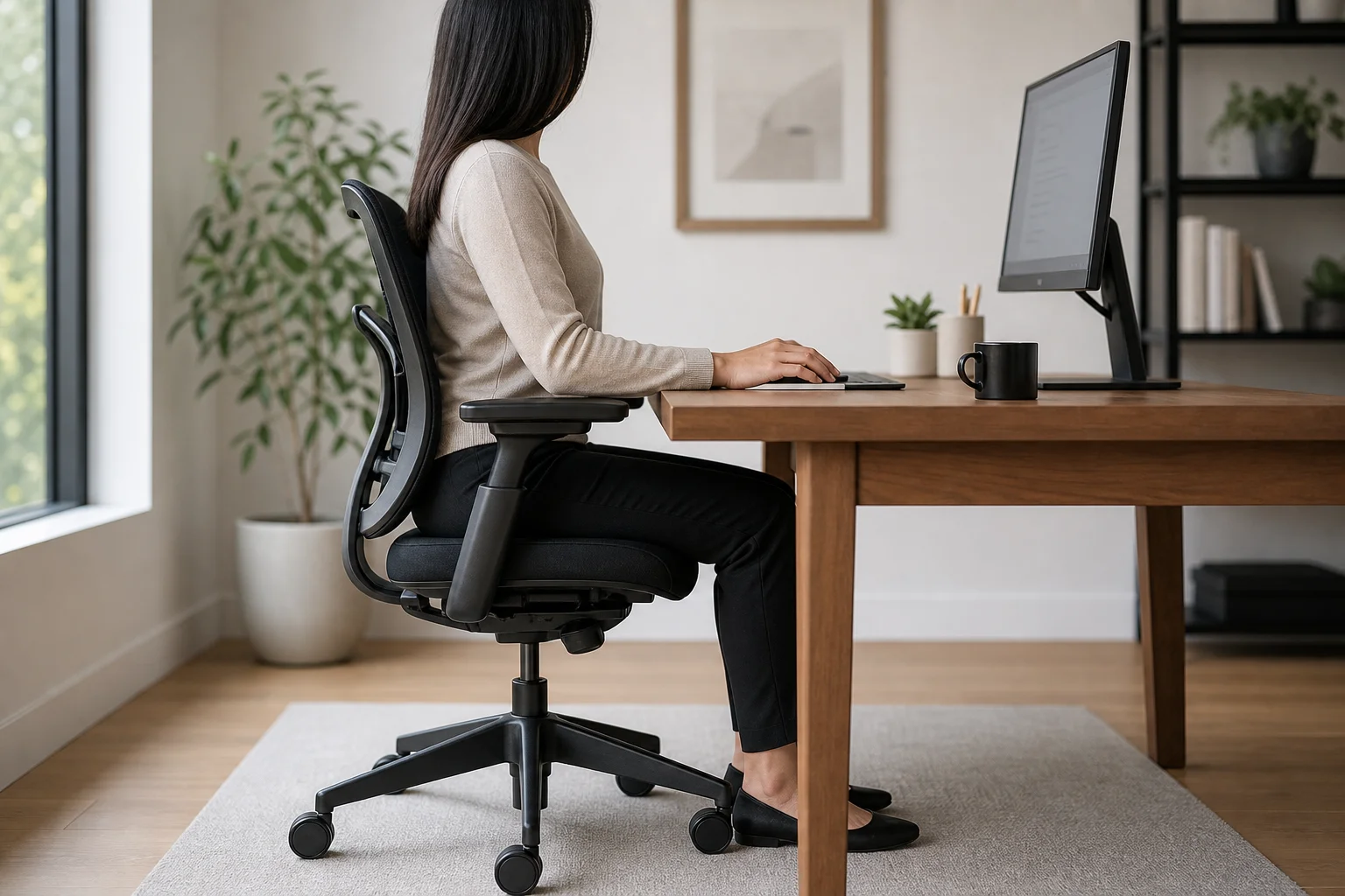 Person sitting at desk with proper posture and arm support