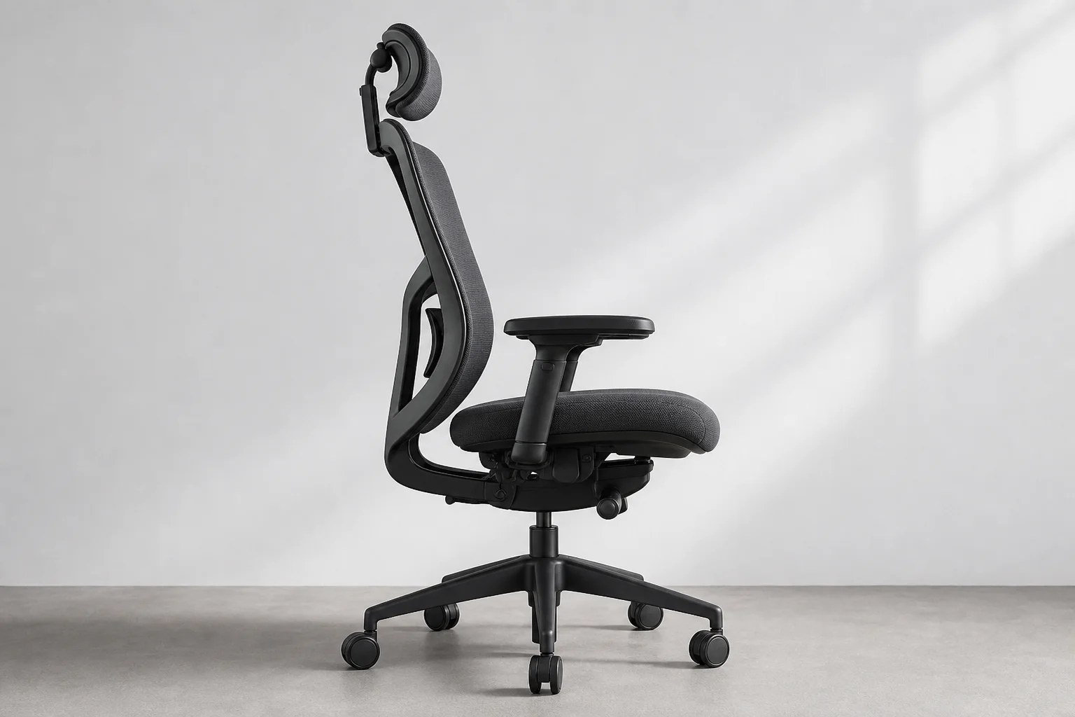 Ergonomic office chair with visible adjustment mechanisms and lumbar support