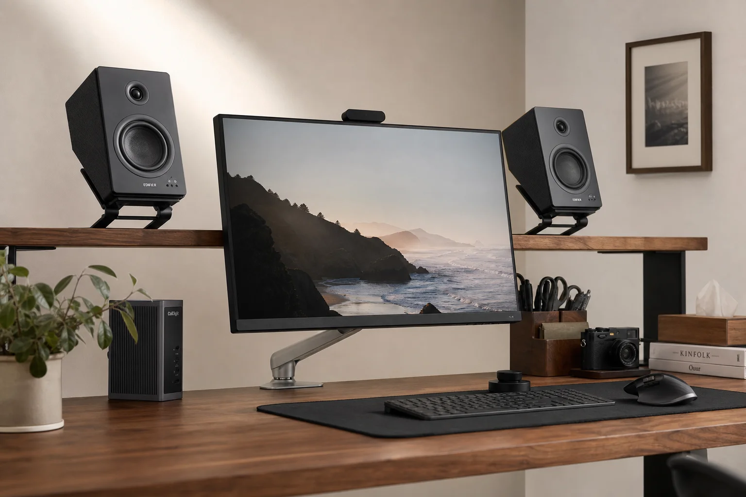 Desktop workspace with monitor, speakers, and organized accessories on shelf