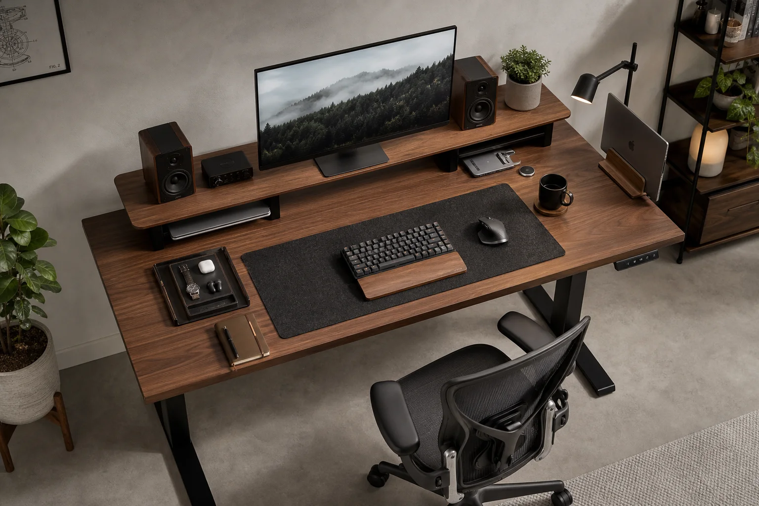 Configuración de escritorio moderna y completa con escritorio de nogal, monitor, silla, altavoces y accesorios