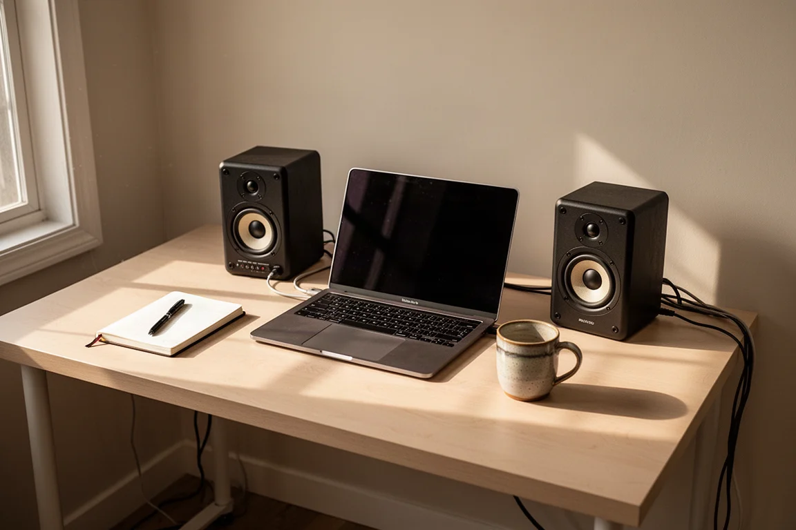 Tidy home studio desk with two compact speakers either side of a laptop in morning light