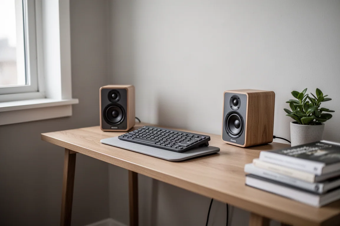 Small speakers on a narrow wooden desk in a compact apartment workspace