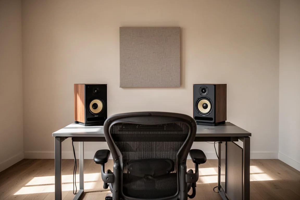 Small listening room with two monitors angled inward forming a listening triangle