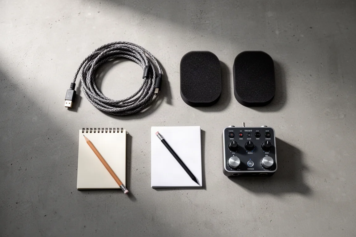 Flat-lay of speaker cable, isolation pads, notebook and audio interface on concrete