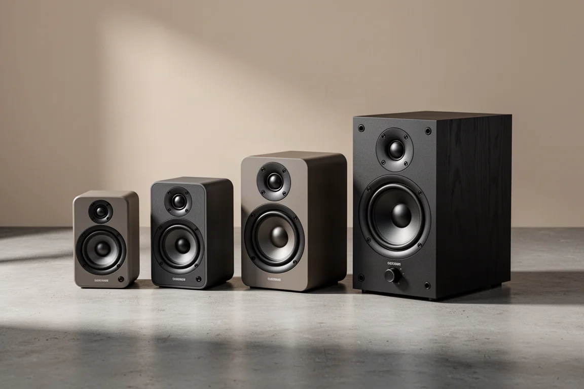 Five compact powered desktop speakers arranged on a matte concrete surface