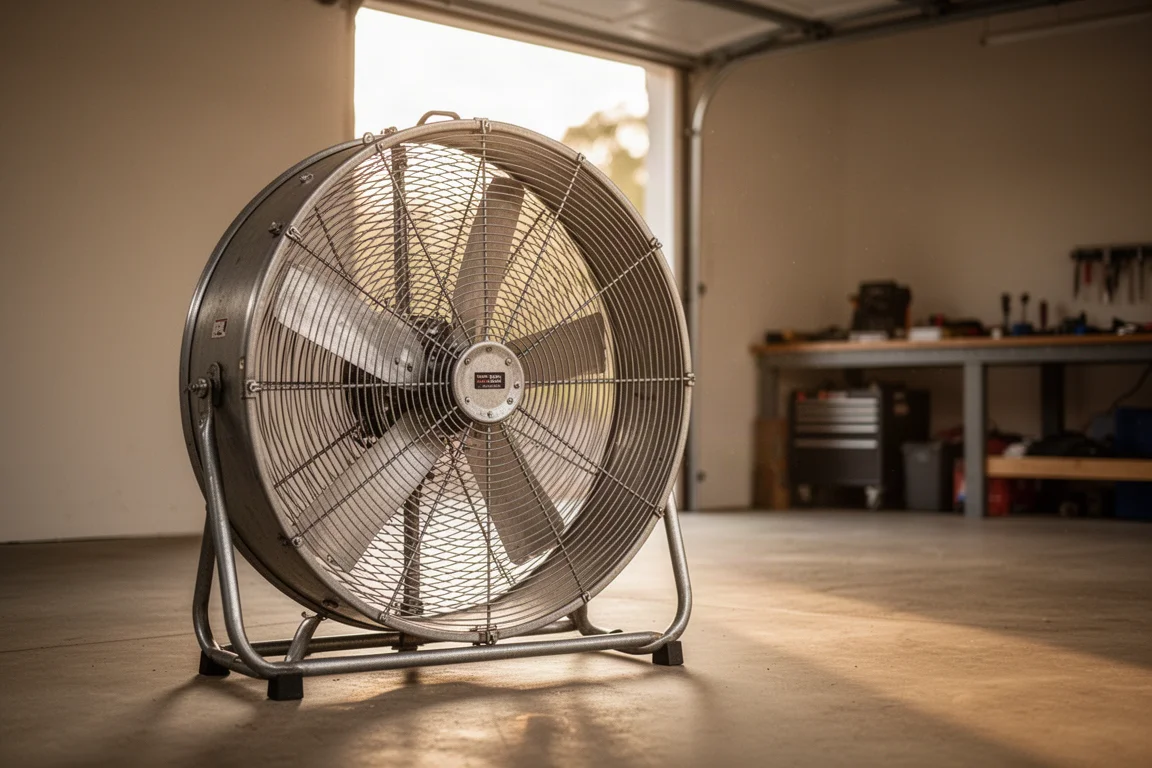 Grande ventilatore a tamburo installato in un garage-officina con utensili sullo sfondo