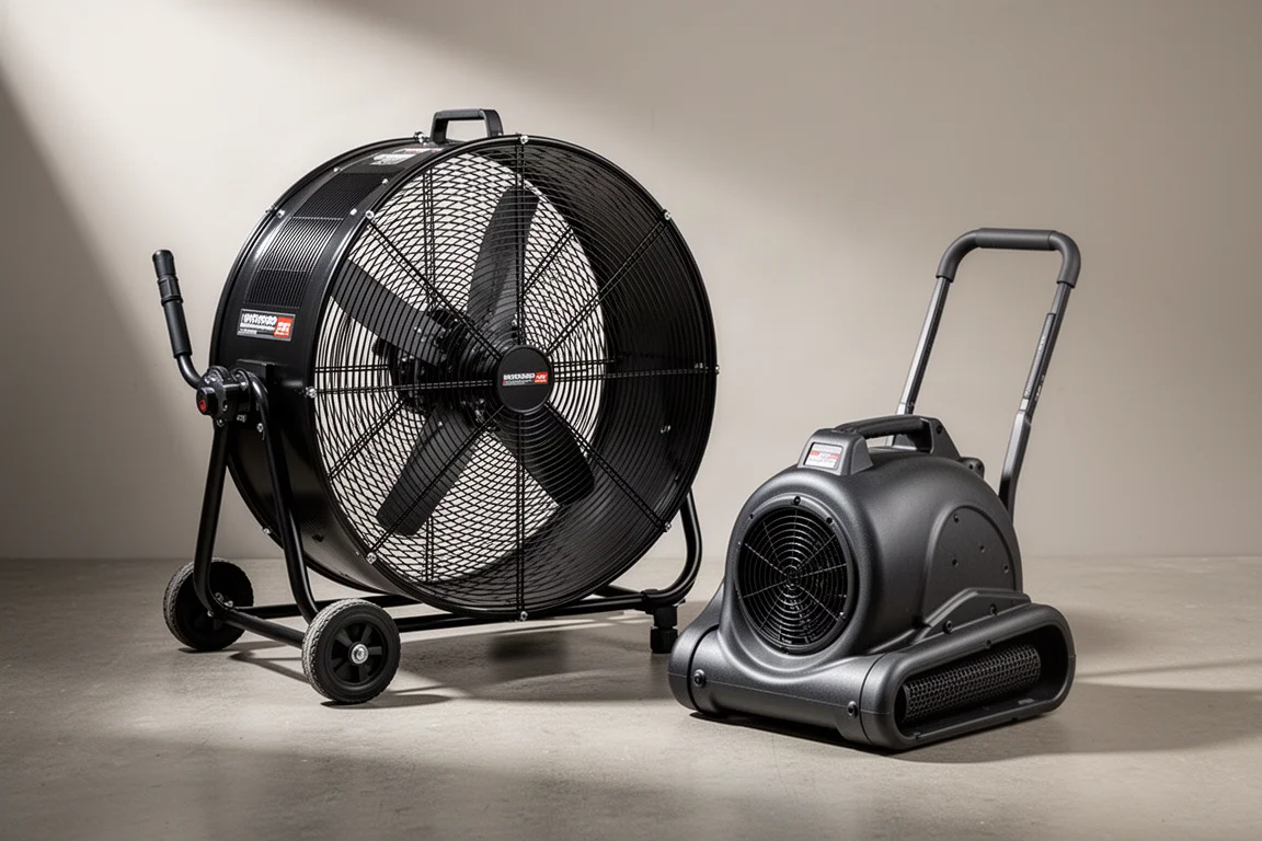Ventilatore a tamburo DeWalt da 24 pollici e aeromotore a tre velocità su un pavimento di cemento in officina