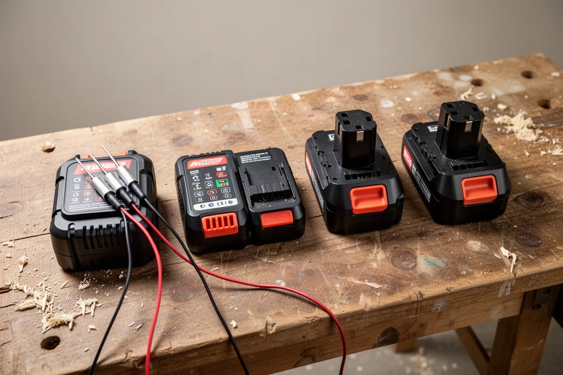 Rad med fyra batteripack på en bänk med spänningsmätledningar anslutna